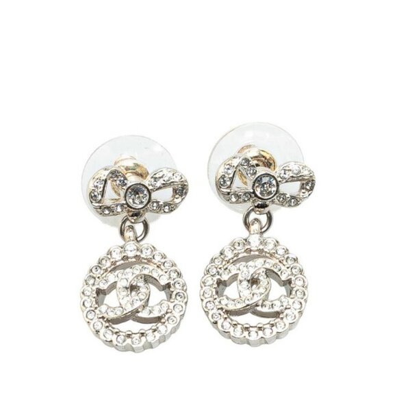 CHANEL CC Logos Rhinestone Bow Ribbon Stud Earrings Silver Tone A22B Auth w/Box - Picture 1 of 5